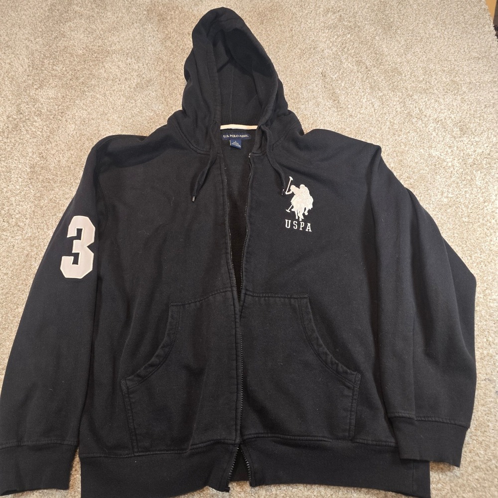 US Polo Assn Mens Large Black Full Zip Hoodie Thermal Lined USPA Logo Patch